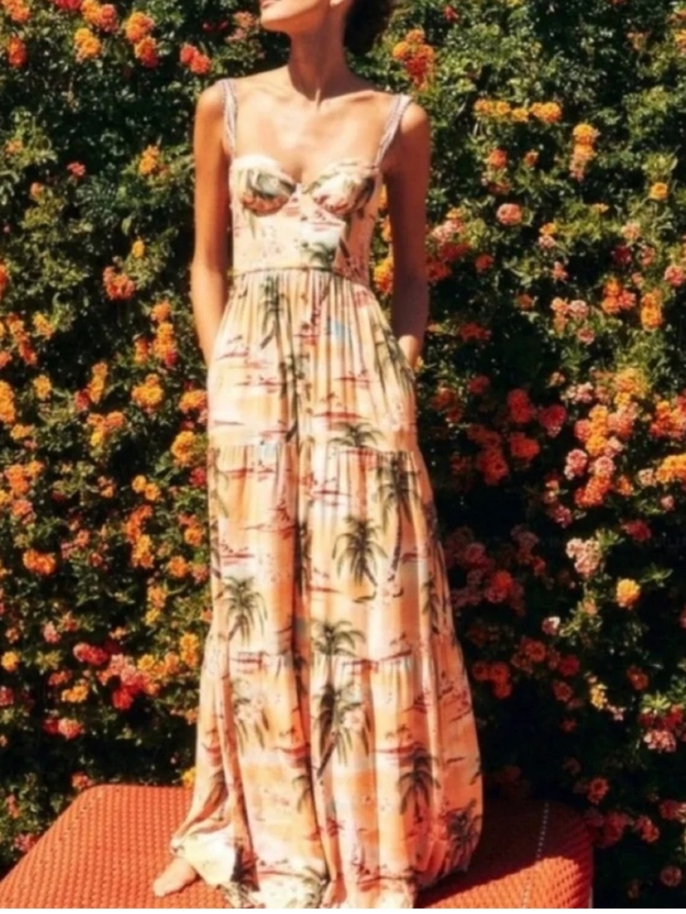 Agua Bendita Peach Tropical Palm Print Maxi dress size M